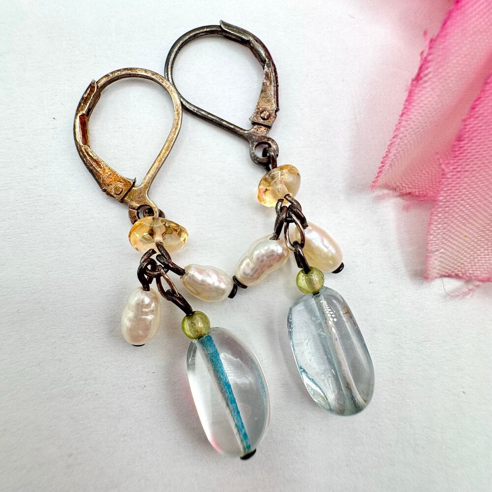 Artisan Topaz & Pearl Cluster Drop Earrings In Sterling Silver Tested Stamped